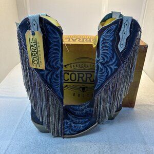 Corral Boots Cowgirl Overlay Embroidered Long Metal Fringe Blue Women SZ 7
